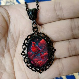 Unbranded Bird Cardinal Gothic Black Jewelry Vintage look Oval Pendant Necklace