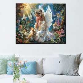 Baby Angel Girl DIY Paint by Numbers for Adults Prayerful Angel in Forest DIY Oil Painting Acrylic Paint Painting Kits Canvas with Acrylic Paint Flowers Cute Animals Art 16x20 Inch（without Frame ）
