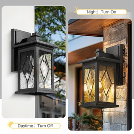 Emliviar Farmhouse Outdoor Porch Light, 1-Light Patio Wall Fixture With Water Grain Glass Shade, Black Finish, 1803EW1-SD BK