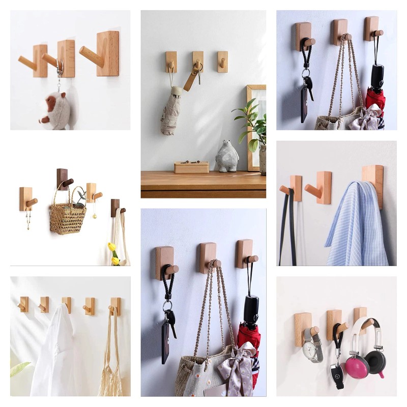 Homedo 4Pack Adhesive Wall Hooks Hat Rack, Wooden Coat Hooks