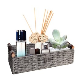 Round Paper Rope Storage Basket Wicker Baskets for Organizing with Handle Decorative Storage Bins for Countertop Toilet Paper Basket for Toilet Tank Top Small Baskets Set,Grey