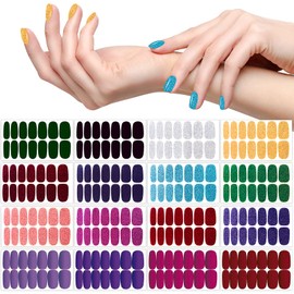 XEAOHESY 224 Pieces 16 Sheets Glitter Solid Color Nail Polish Strips Stickers for Women Colorful Gel Nail Strips Self-Adhesive Nail Stickers Full Nail Wraps for Nail Art with Nail File
