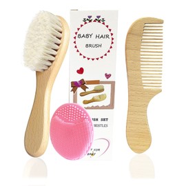 Molylove 3PCS Baby Hair Brush with Wooden Handle and Comb Set for Newborns & Toddlers | Natural Soft Goat Bristles l Wood comb l Pink Silicone Brush| Ideal for Cradle Cap