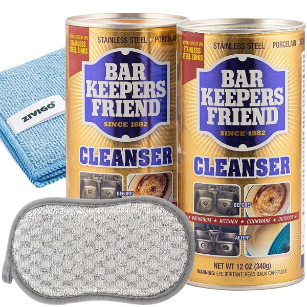 Bar Keepers Friend Powder Cleanser & Polish 12 Oz (Pack of 2) - Bundled with 1 Microfiber Towel and 1 Dual-Sided Sponge