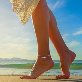 ORAZIO 925 Sterling Silver Ankle Bracelet Multilayer Anklets for Women Heart Round Ball Anklets Adjustable Chain Summer Beach Foot Jewellery Style8