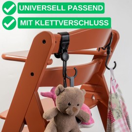 High Chair Organiser Hooks, Pack of 2, in Black, with Velcro Fastening, Double Hooks for Backrest, Velcro Storage Hook for Towel, Water Bottle, Toy, High Chair Attachment, Universal Hook Set