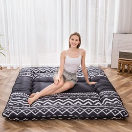 Japanese Floor Futon Mattress - Thicken Sleeping Pad, Roll Up Floor Lounger Bed, Camping and Guest Room Pad, Thick Soft and Comfortable, Black Stripe, Queen Size