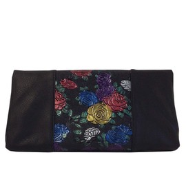JNB Flower Print Fold Over Clutch, Black, Medium
