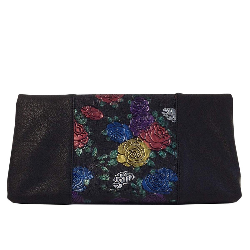 JNB Flower Print Fold Over Clutch, Black, Medium