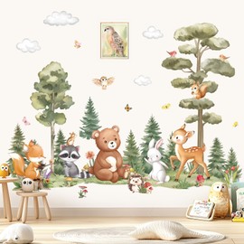 decalmile Large Woodland Animals Pine Tree Wall Decals Forest Animals Bear Deer Fox Wall Stickers Living Room Baby Nursery Kids Room Wall Decor(XL)
