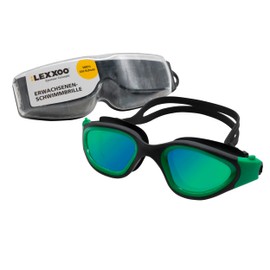LEXXOO Schwimmbrille mit polarisierender Beschichtung und UV-Schutz - wasserdichte Anti-Beschlag Schwimmbrille für Herren und Damen, mit Druckknopf-System und großem Sichtfeld - Grün/Schwarz