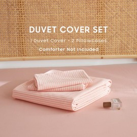 Wake In Cloud - Striped Cotton Duvet Cover Set, 100% Washed Cotton Textured Percale Bedding Set, Ticking Stripe Pinstripe Farmhouse, 3 Pieces, Light Pink, Full Size