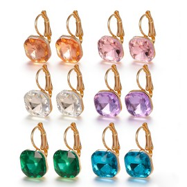6 Pairs Multicolor Square Austrian Crystal Drop Earrings for Women 14K Gold Plated Leverback Hypoallergenic Dangle Earrings Wedding Party Daily Fashion Jewelry Set