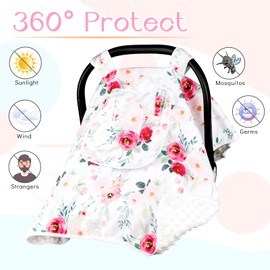 Car Seat Covers for Babies Girl, Summer Carseat Seat Cover for Newborns, Carseat Canopy Sun Shade Cover, Minky Carrier Cover with Peep Windows, Pink Flower Rose