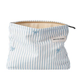 RSRSLEII Striped Makeup Bag for Women, Blue Cosmetic Bag with Bow, Travel Toiletry Cosmetic Bag with Zipper, Cute Women Aesthetic Organizer Storage Pouch, Girls Handbags Purses (03 White Stripe)