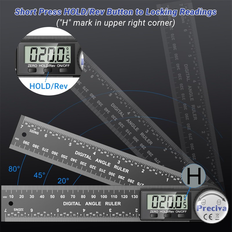 Preciva Digital Angle Finder Tool, 400mm Length Ruler Protractor, Internal