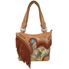 Western Style Fringe Conchos Gem Rhinestone Studded Braided Leather Purse Country Handbag Women Shoulder Bag Wallet Set (Tan Set)