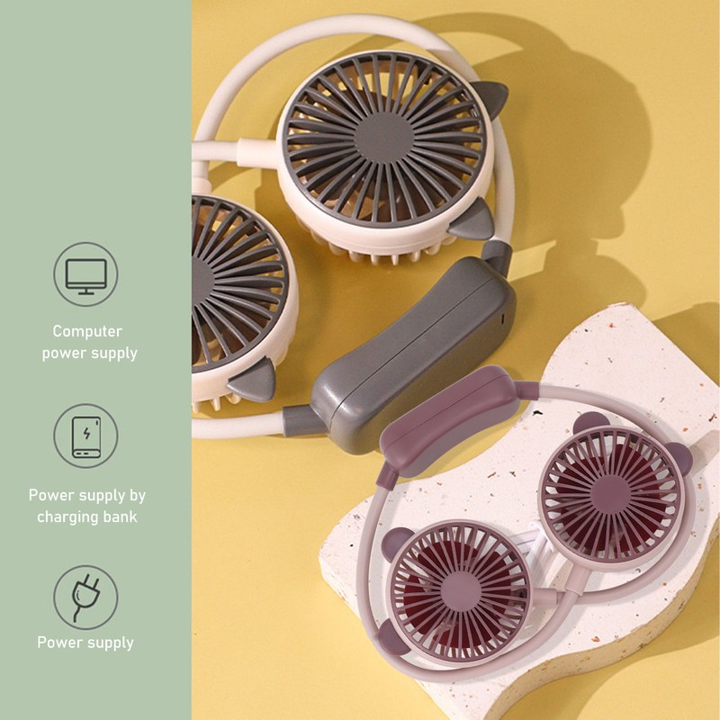 Portable Neck Fan Dual Head Bendable Wearable USB Rechargeable Hand