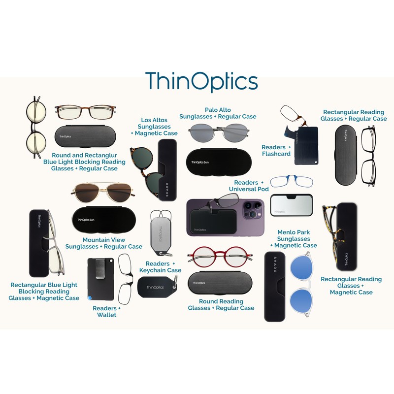 ThinOptics Universal Pod Case + Rectangular Reading Glasses, Peekaboo Cat,