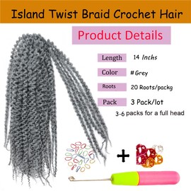 Haolocs Extensiones De Cabello Trenzado Afro Suave, Preestiradas, De 14/18 Pulgadas, Con Trenzas De Ganchillo, De Island Twist, Marley Twist, Con Resorte (Gris, 14 Pulgadas)