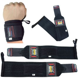 Grip Power Pads Wrist Wraps 2 Wraps for Weight Lifting Wrist Support Cotton Wraps Gym Bandage Straps for Men & Women Premium Quality & PRO Rubber (JR Black, 13" Inches)