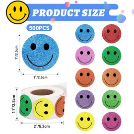 Smile Stickers Happy Face Stickers 1 Inch Small Round Smiley Face Stickers Labels 500PCS Shiny Glitter Fun Smiley Reward Stickers Roll for Kids Teachers Students Classroom Behavior Chart Calendar