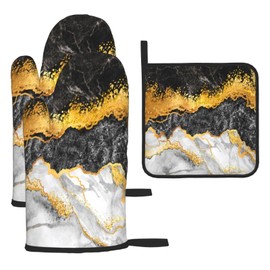 Marble Texture Decorative Oven Mitts and Pot Holders Sets of 3 Black Gold and Grey Hot Pads Oven Gloves Heat Resistant Non Slip Washable for Kitchen Cooking Grilling Baking