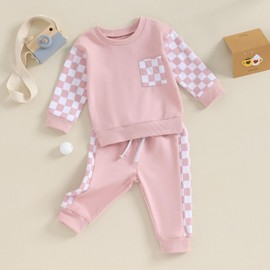 BeQeuewll Baby Girl Clothes Fall Winter Outfits Long Sleeve Sweatsuit Checkboard Sweatshirt and Pants Toddler Infant Clothing (pink, 0-6 Months)