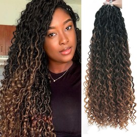 Curly Faux Goddess Locs Crochet Hair 18Inch Pre Looped Synthetic Deep Curly Hairstyle Hippie Locs Crochet Braids Extensions（1B/4/30,18inch(Pack of 8))