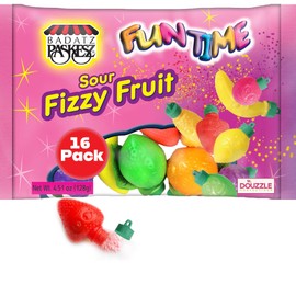 DOUzzle Holiday Treats, Christmas Stocking Stuffers, Fruit Shaped Sour Fizzy Candy Powder, Retro 80s 90s Novelty Candies (16 Count - 1 Pack) Individually Wrapped, Party Favor - Kosher Parve