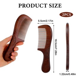2 Pcs Wood Comb Medium Wide Tooth Wooden Comb for Women Men Hair Growth Sandalwood for Curly Hair No Static with Handle - Ebony Wood