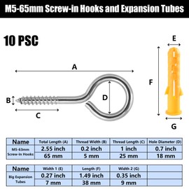 20PCS Eye Screws, Eye Bolts Screw in, M5 x 65 Eye Bolts Vine Eyes Heavy Duty 304 Stainless Steel Self Tapping Ring Eye Hooks Nails Eyelets Screw for DIY Cork Crafts Hanging Wooden Frames