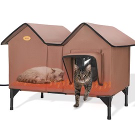 Heated Outdoor Cat House Weatherproof for Winter - Extra Large Heated Cat House for Outside, Elevated Bed, Escape Door, Fully Insulated Feral Cat Shelter for Multiple Cats Small Dogs, Easy Assembly