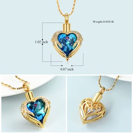 Minicremation Stainless Steel Urn Necklace Angel Wing Heart Urn Necklace for Ashes for Women Memorial Ash Pendant, Stainless Steel Stone Zirconia Stainless steel stone, Diamond Zircon Amber