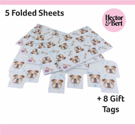 Bulldog Wrapping Paper Sheets x 5, plus 8 Gift Tags - 100% Recyclable - Eco Friendly Gift Wrap - Animal Wrapping Paper - Birthday Wrapping Paper For Dogs - English Bulldogs