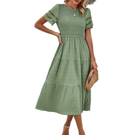 SEMATOMALA Women's Smocked Short Sleeve Maxi Dress Modest Crewneck Flowy Tiered Wedding Guest Long Dress GR-S Light Green