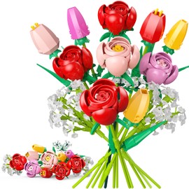 Blumenstrauß-Bausatz, 4 Rosen und 4 Tulpen, 680 Teile, 13 Stile, Deko-Bouquet für Zuhause und das Büro, Geschenk für Frauen, Kinder, Erwachsene, Valentinstag, Muttertag, Geburtstage, Sie oder Ihn