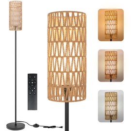 Ruiever Floor Lamp for Living Room,Farmhouse Rattan Floor lamp,Modern Standing lamp with Dimmer LED Bulb,Black Tall Lamp with Remote Control