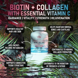 Marine Collagen & Biotin Capsules | 500mg Collagen, 10,000µg Biotin, Vitamin C | High Strength Hair, Skin & Nails Supplement | Protein Support | 120 Capsules – 120 Day Supply