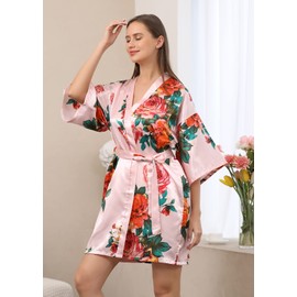 QXQTER Peony Floral Silky Satin Robe Wedding Bridal Party Bride Bridesmaid Robes for Women Dressing Gown Kimono Robe