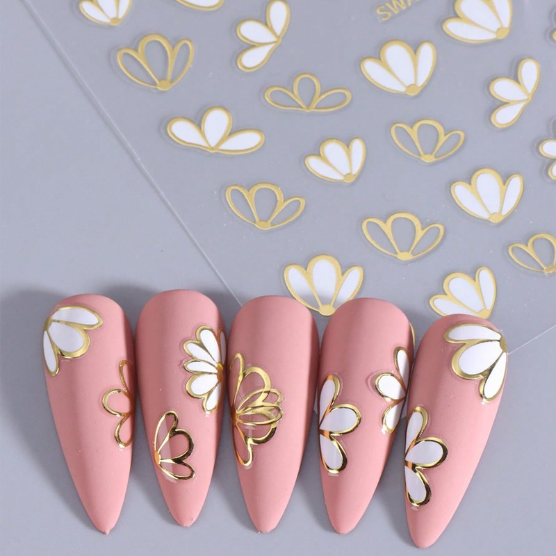 Kabwea 4 Glitter Nail Stickers with Three-Petal Design, Nail Stickers