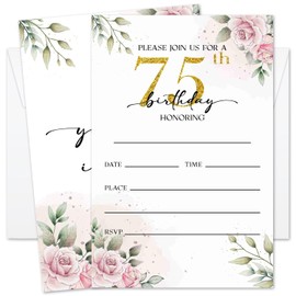 GOODBANER 75th Rose Birthday Invitation for Women, Birthday Invitation With Envelopes, 75 Years Old Birth Invites for Adult, 20 Pcs Birth Invite Cards Party Celebration Supplies /04