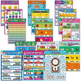 Educational Preschool Poster for Toddlers and Kids, Classroom Decorations for Teachers Elementary Learning ABC Alphabet,1-100 Number,Shapes Chart Pack of 15, 17x12 Inches Kindergarten Homeschool Supplies for Wall