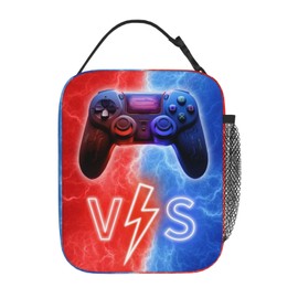 SARA NELL Gamer Lunch Box for Boys, Cool Video Game Controller Reusable Lunch Bag for Kids, Gaming Reusable Lunch Box Cooler Tote Bag - Gamer Lunchbox for School Travel Office, Blue and Red Lightning