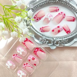 Press on Nails Medium Square With Bow Strawberry Designs Pink French Tip Red Acrylic Nude False Heart Stick on for Women 24Pcs