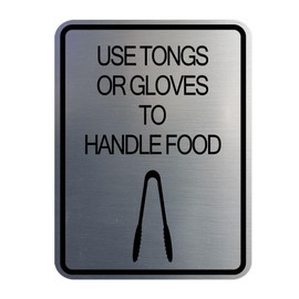 Signs ByLITA Portrait Round Use Tongs or Gloves To Handle Food Door or Wall Sign Durable ABS Plastic | Laser Engraved | Easy Installation | Kitchen | Hygiene Sign (Brushed Silver) - Large