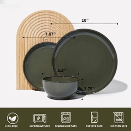 Pokini 24 Piece Dinnerware Set for 8, Santorini Mist Terracotta Plates and Bowls Sets, Complete Stoneware Dish Set for Large Families and Entertaining, Microwave & Dishwasher Safe, Blackish Green