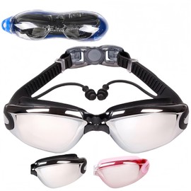 HSTWODE Optical Swimming Goggles with Prescription, One Piece Swimming Goggles with Earplugs, Dioptres: -1.5 to -8.0, Anti-Fog UV Protection, Free Beautiful Box (Black, Plated -2.5)