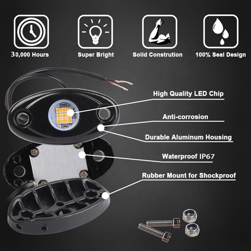 Red LED Rock Lights, 4 Pods Neon 12V Waterproof Underglow