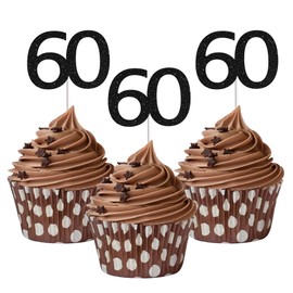Sumerk 24PCS 60 Cupcake toppers Black Glitter 60th Birthday Cupcake Picks Anniversary Party Decorations
